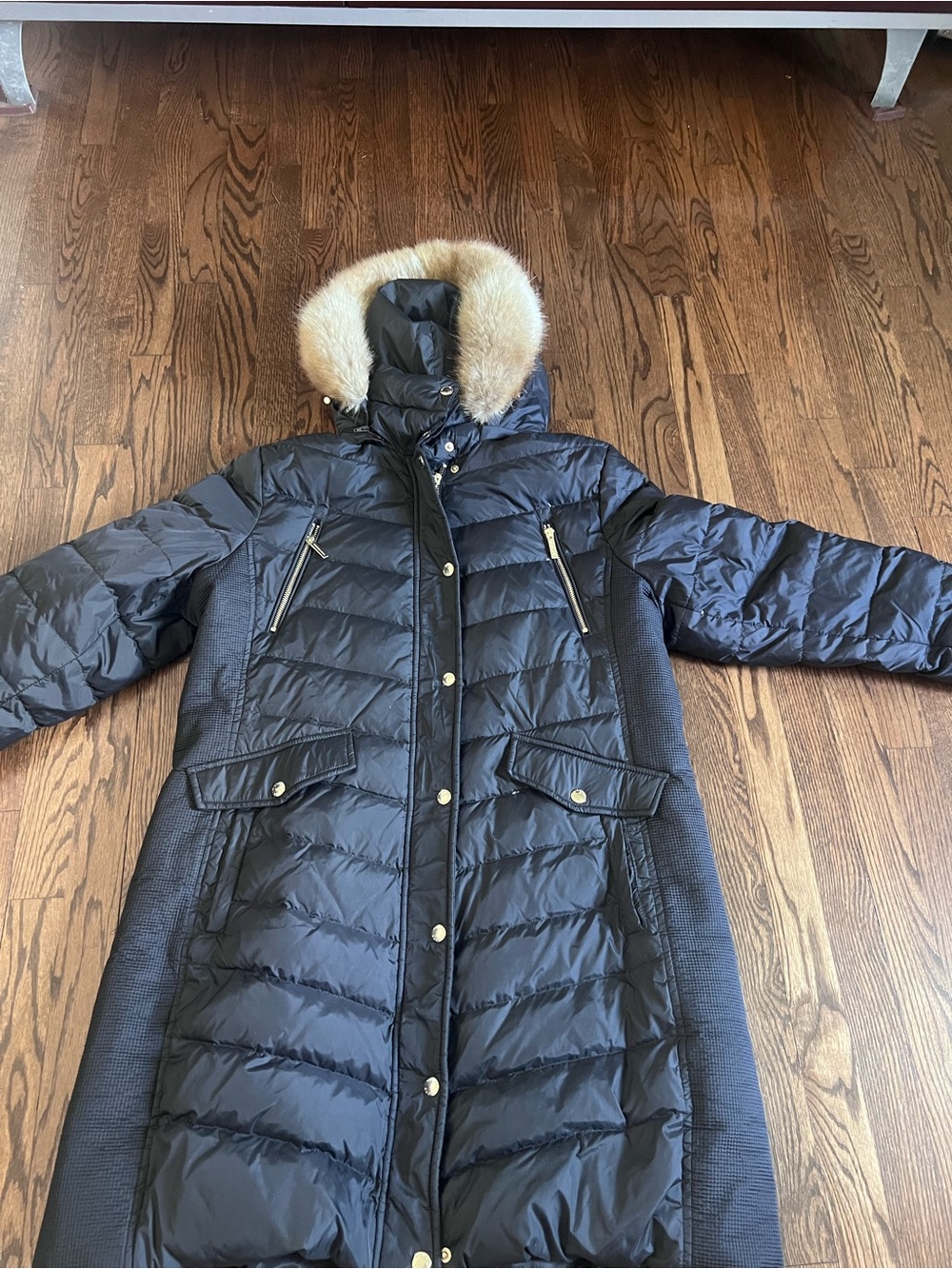 Michael Kors Black Long Puffer Coat with Fur-Trim Hood